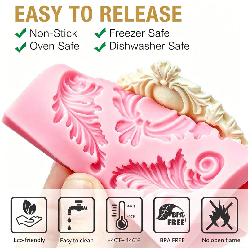 Silicone Fondant Mold: 19*12*1cm Pink Food-Grade Silicone Effortless Release - Intricate Details Preserved 3D Baroque Cake Mold for Home Bakers, Cake Decorating, Craft Projects - Image 4