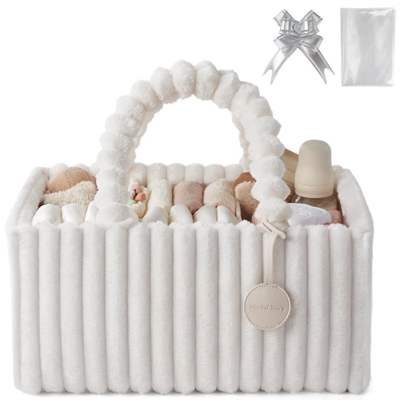Blissful Diary Flannel Diaper Caddy Organizer, included Gift Packaging, Cozy Nursery Storage Basket, Gift for Baby Shower, Newborn Essentials, Cream Beige - Image 1