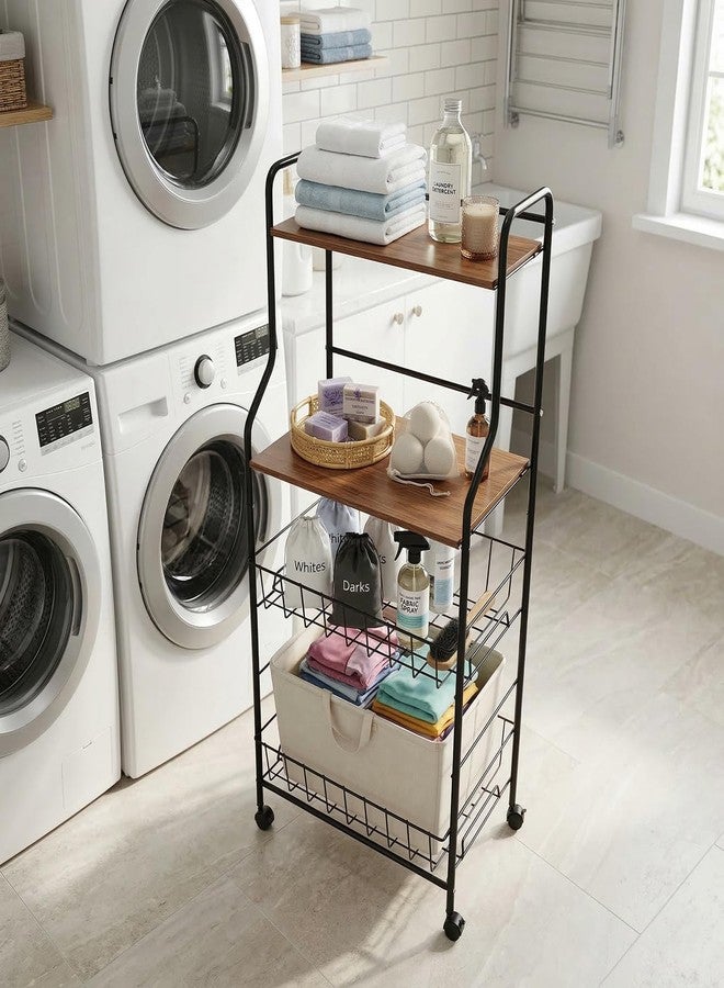 Lukzer 4-Tier Kitchen Storage Rack & Microwave Oven Stand with Wheels Engineered Wood Shelf & Metal Wire Basket Rolling Cart for Kitchen Pantry & Home Organizer (Black & Oak Brown/41x56x126cm) CH-092 - Image 5