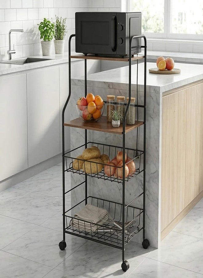 Lukzer 4-Tier Kitchen Storage Rack & Microwave Oven Stand with Wheels Engineered Wood Shelf & Metal Wire Basket Rolling Cart for Kitchen Pantry & Home Organizer (Black & Oak Brown/41x56x126cm) CH-092 - Image 4