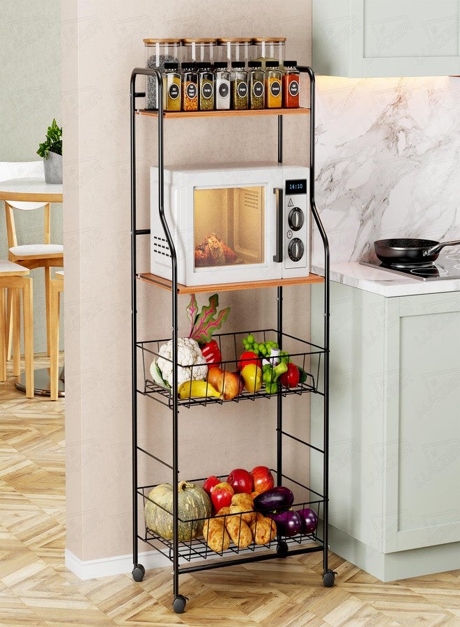 Lukzer 4-Tier Kitchen Storage Rack & Microwave Oven Stand with Wheels Engineered Wood Shelf & Metal Wire Basket Rolling Cart for Kitchen Pantry & Home Organizer (Black & Oak Brown/41x56x126cm) CH-092 - Image 1