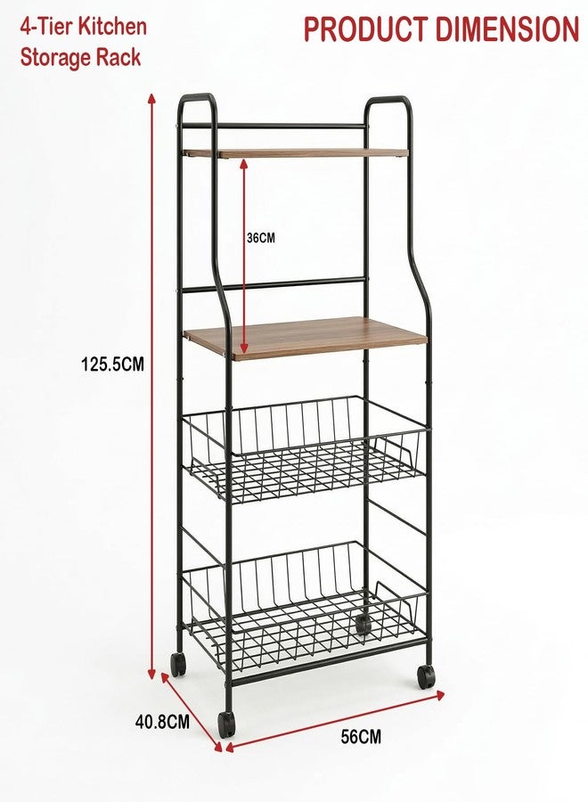 Lukzer 4-Tier Kitchen Storage Rack & Microwave Oven Stand with Wheels Engineered Wood Shelf & Metal Wire Basket Rolling Cart for Kitchen Pantry & Home Organizer (Black & Oak Brown/41x56x126cm) CH-092 - Image 2