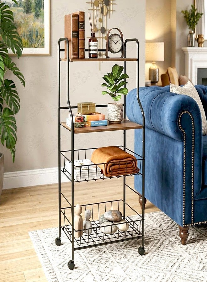 Lukzer 4-Tier Kitchen Storage Rack & Microwave Oven Stand with Wheels Engineered Wood Shelf & Metal Wire Basket Rolling Cart for Kitchen Pantry & Home Organizer (Black & Oak Brown/41x56x126cm) CH-092 - Image 3