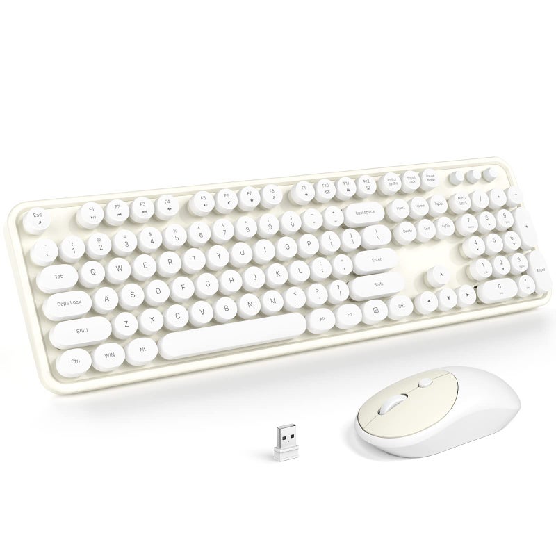 Atelus Wireless Keyboard and Mouse, Typewriter Full Size Keyboard with Number Pad and 2 in 1 USB Connected Mouse for Windows 7/8/10, Laptop, Desktop, PC, Computer (Off-White) - Image 1