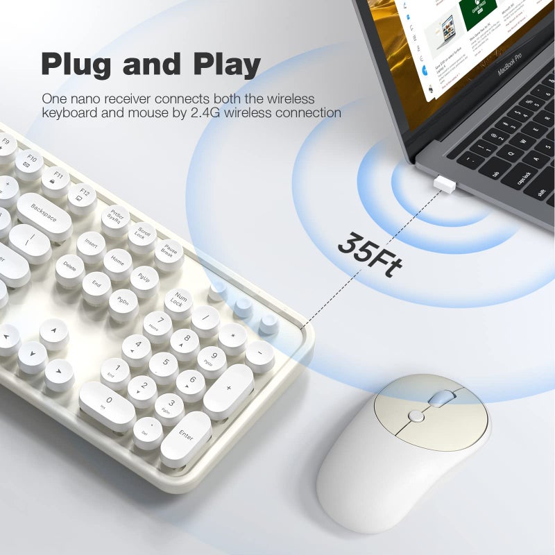 Atelus Wireless Keyboard and Mouse, Typewriter Full Size Keyboard with Number Pad and 2 in 1 USB Connected Mouse for Windows 7/8/10, Laptop, Desktop, PC, Computer (Off-White) - Image 2