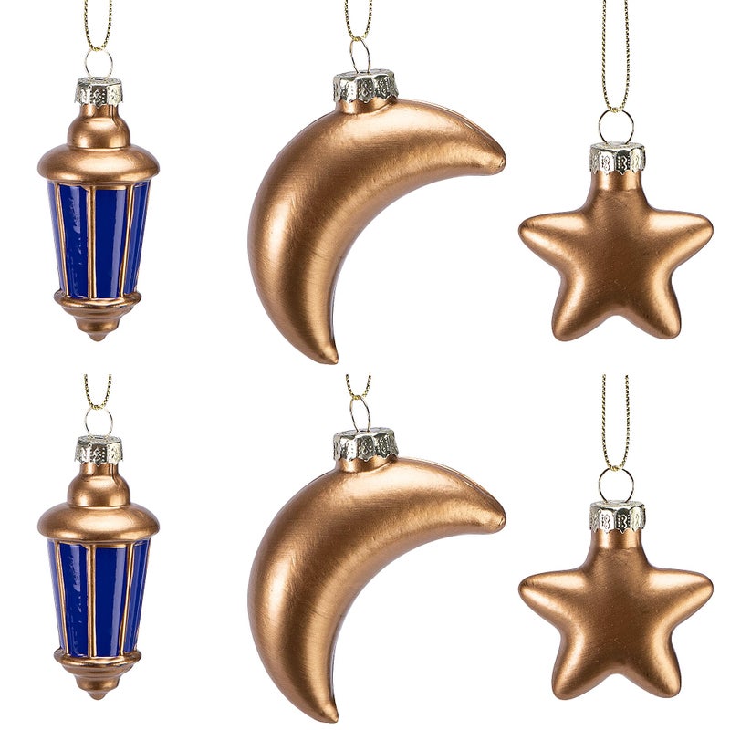 Watayo 6 Pcs Glass Eid Mubarak Lanterns Moon Star Ornaments, Hanging Ramadan Tree Ornaments, Islam Ramadan Kareem Moon Star Lantern Pendant Decorations for Islamic Muslim Festival Party Home Decor - Image 1