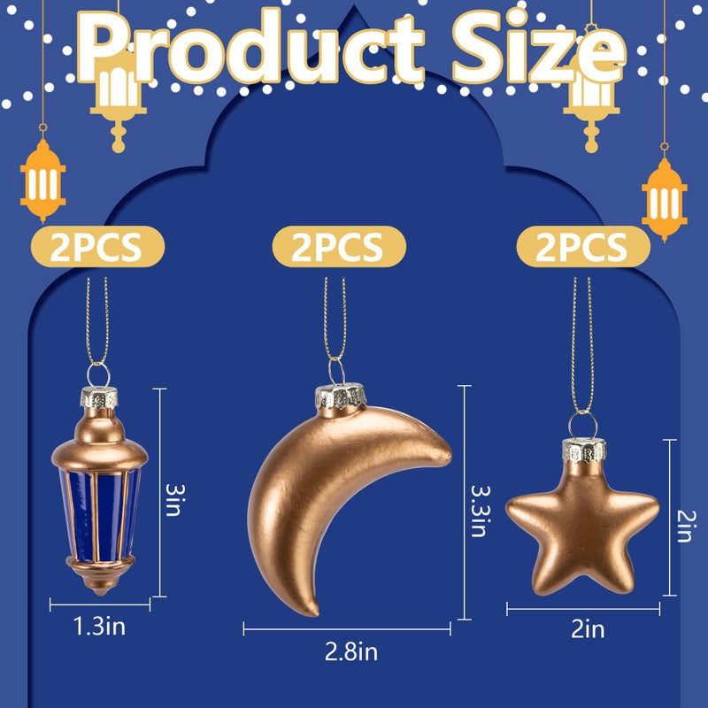 Watayo 6 Pcs Glass Eid Mubarak Lanterns Moon Star Ornaments, Hanging Ramadan Tree Ornaments, Islam Ramadan Kareem Moon Star Lantern Pendant Decorations for Islamic Muslim Festival Party Home Decor - Image 2
