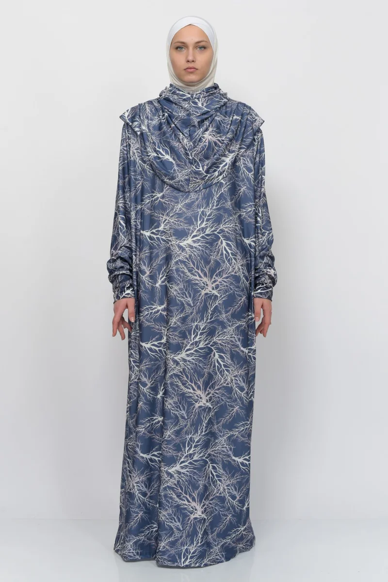 التوبة Practical One Piece Tree Patterned Sleeves Removable Headscarf Lycra Hijab Prayer Dress 990-0713N