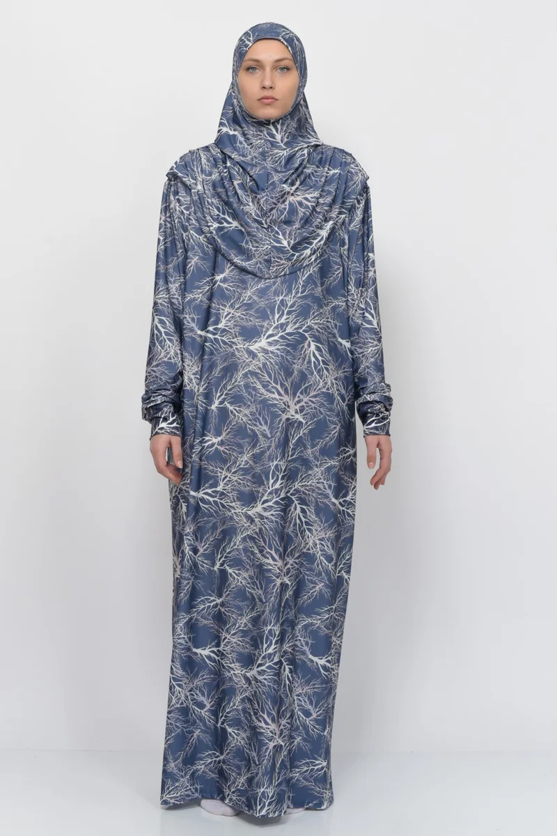 التوبة Practical One Piece Tree Patterned Sleeves Removable Headscarf Lycra Hijab Prayer Dress 990-0713N