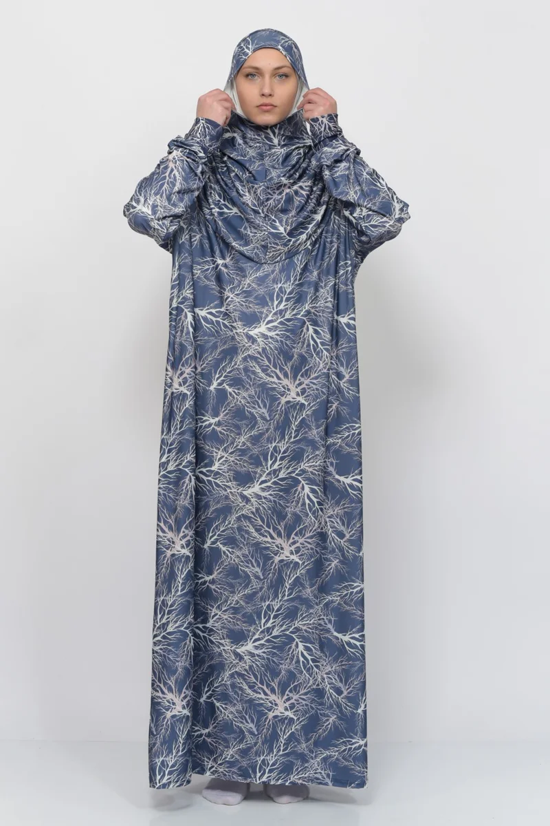 التوبة Practical One Piece Tree Patterned Sleeves Removable Headscarf Lycra Hijab Prayer Dress 990-0713N
