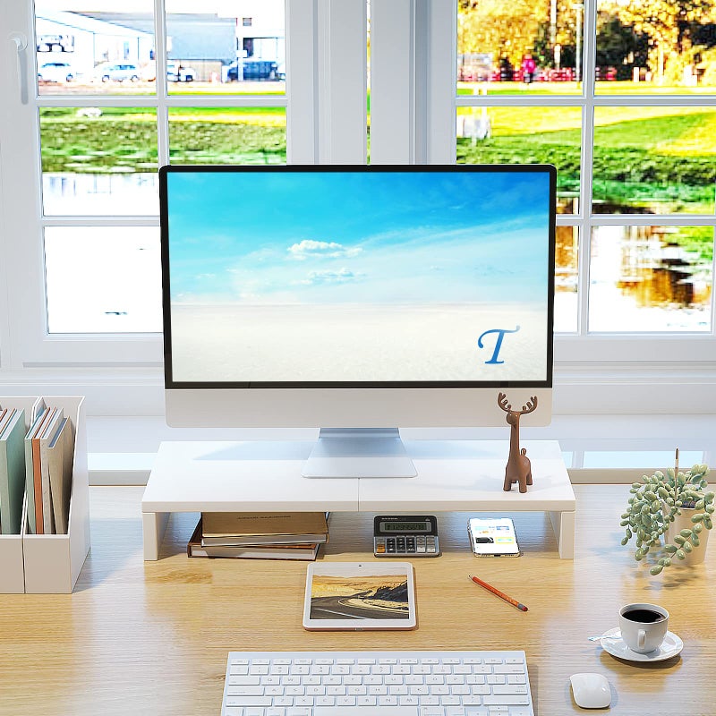 TEAMIX 20 inch White Monitor Stand Riser, Wood Desktop Stand for PC/TV/Laptop/Printer, White Monitor Riser with Storage, Computer Stand with Keyboard Organizer - Image 2