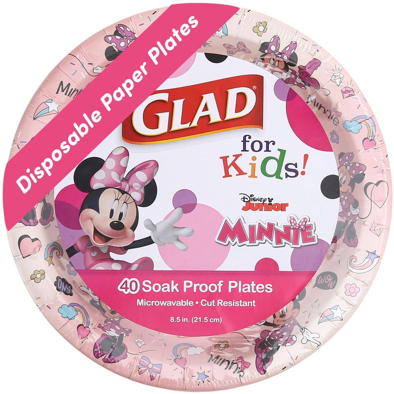 Glad for Kids Disney Mickey and Friends Pink Minnie Disposable Paper Plates, Heavy Duty Soak Proof Microwave Safe Plates for Snacks, Meals, Parties, Everyday Use, Pink, 8.5 Inch, 40 Count - Image 1