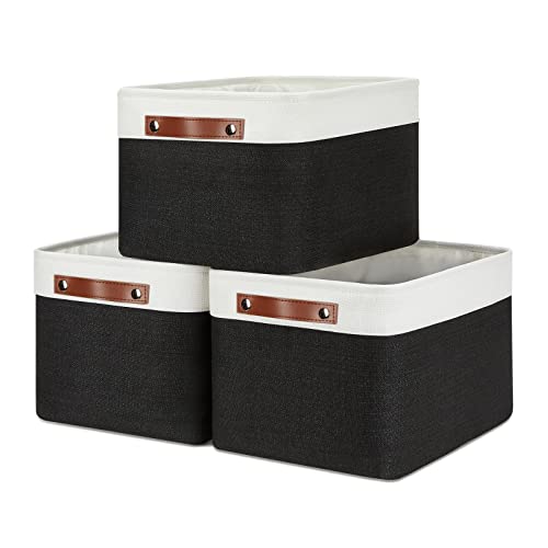 DULLEMELO Canvas Storage Bin with Handles, Fabric Bins for Shelves, Bedroom, Office,Nursery,Fabric Storage Baskets for Toys, Clothes,Gift(3-Pack Medium-15 inch X 11 inch X 9.5 inch , White&Black) - Image 1