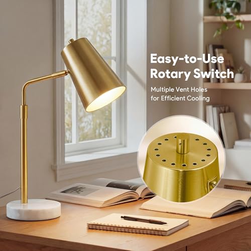 VONLUCE Gold Desk Lamp with LED Bulb Adjustable, Antique Brass Metal Table Lamp Marble Base, Mid Century Modern Reading Lamp Office, 20’’ Industrial Task Lamp Work Lamp for Reading Bedroom - Image 2