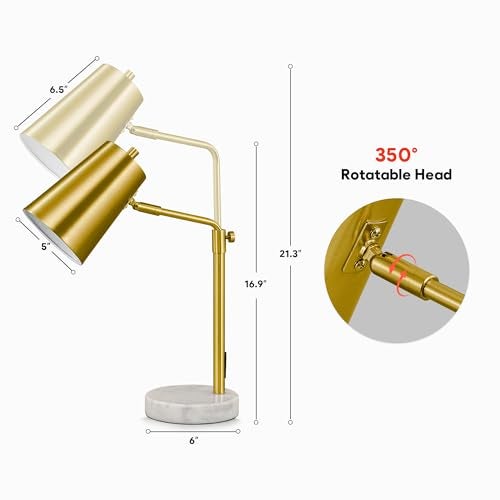 VONLUCE Gold Desk Lamp with LED Bulb Adjustable, Antique Brass Metal Table Lamp Marble Base, Mid Century Modern Reading Lamp Office, 20’’ Industrial Task Lamp Work Lamp for Reading Bedroom - Image 5