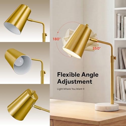 VONLUCE Gold Desk Lamp with LED Bulb Adjustable, Antique Brass Metal Table Lamp Marble Base, Mid Century Modern Reading Lamp Office, 20’’ Industrial Task Lamp Work Lamp for Reading Bedroom - Image 3