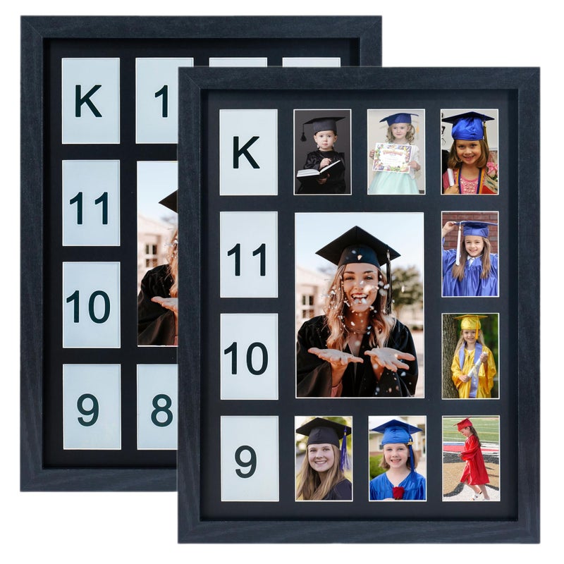FramePro School Years Picture Frame K-12 Day Graduation Photo Collage Black Frame with Mat, Displays One 5x7 Photo and Twelve 2.5x3.5 Pictures, Pack of 2 - Image 1