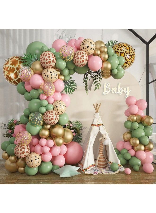 Amandir 170Pcs Jungle Safari Balloons Garland Arch Kit Animal Printed Pink Sage Green Balloons Wild One Giraffe Leopard Safari Baby Shower Decorations For Girl Birthday Party Supplies  - Image 1