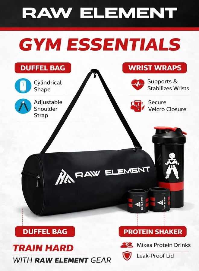Raw Element Gym Shaker, Wrist Band & Gym Bag Combo | Fitness Essentials Set for Men & Women | Workout (Black & Red) - Image 3