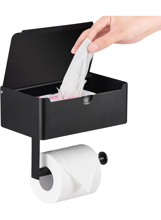 S-TOP Wall Mount Toilet Paper Holder with Compartment, Easy to Install SUS 304 Stainless Steel Toilet Paper and Wipes Holder for Bathroom, Comfortable Storage & Shelf Matte, Black - Image 1