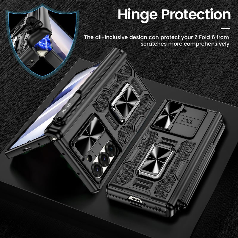 VEGO for Galaxy Z Fold 6 Case, with [S Pen Holder][Hinge Protection][360-degree Rotating Kickstand][Slide Camera Cover][Front HD Screen Protector] Protective Cover for Samsung Z Fold 6 - Black - Image 4