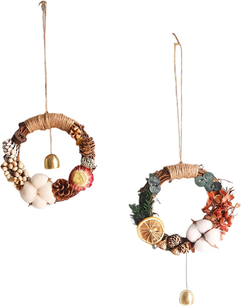 Farmhouse Wreath with Cotton Accents, 2 Pcs Dried Flower Wreath Set, 5.9 in 15 Cm, Natural Twig Base, Wall Decor Wreaths with Jute Rope for Home - Image 1