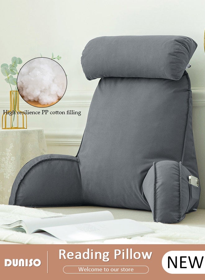 DUNISO Reading Pillow, Large Bed Rest Pillow with Detachable Neck Roll,Backrest with Arms，Pockets and Washable Cover, for Sitting in Bed or Couch-Backrest Reading Pillow Adult Back Pillows for Reading,Watching TV,Gaming,Relaxing - Image 1