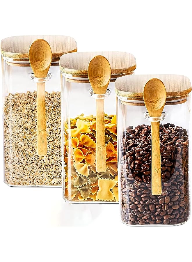 PROMASS برطمانات تخزين زجاجية بغطاء محكم من الخيزران وملعقة، حاويات تخزين طعام زجاجية شفافة، علب مطبخ للقهوة والحلوى والبسكويت والأرز والسكر والدقيق والمعكرونة والمكسرات وبرطمانات التوابل - Image 1