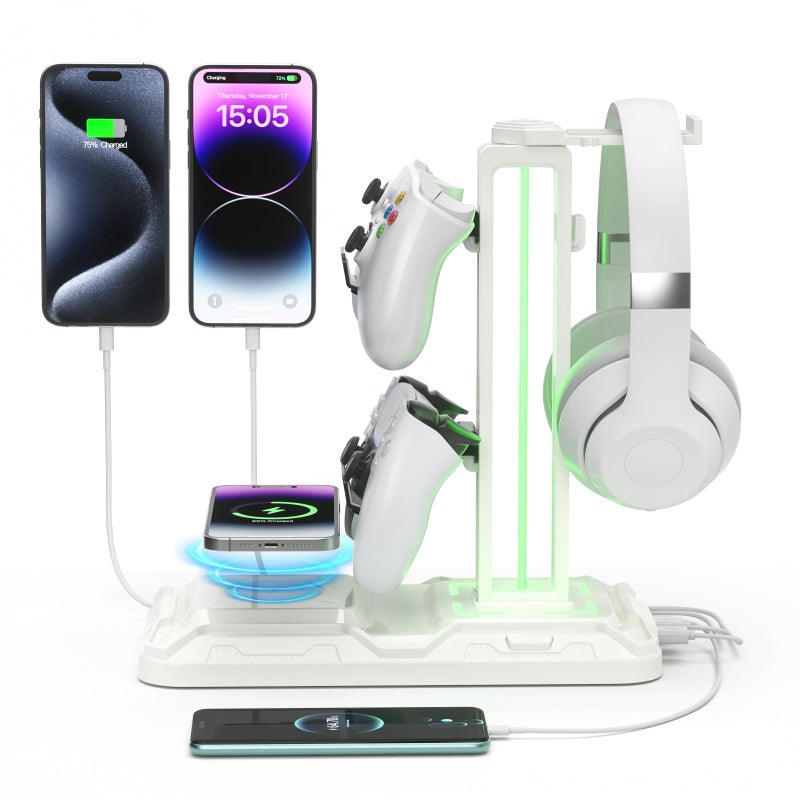 KDD RGB Headphone & Controller Stand with Wireless Charging - Rotatable Headset Stand with 9 Light Modes - Controller Holder with 2 USB and Type C Ports - for Gamers Desktop Accessories(White) - Image 1