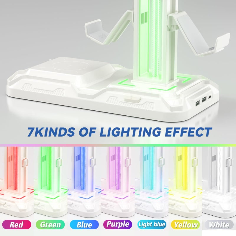 KDD RGB Headphone & Controller Stand with Wireless Charging - Rotatable Headset Stand with 9 Light Modes - Controller Holder with 2 USB and Type C Ports - for Gamers Desktop Accessories(White) - Image 4