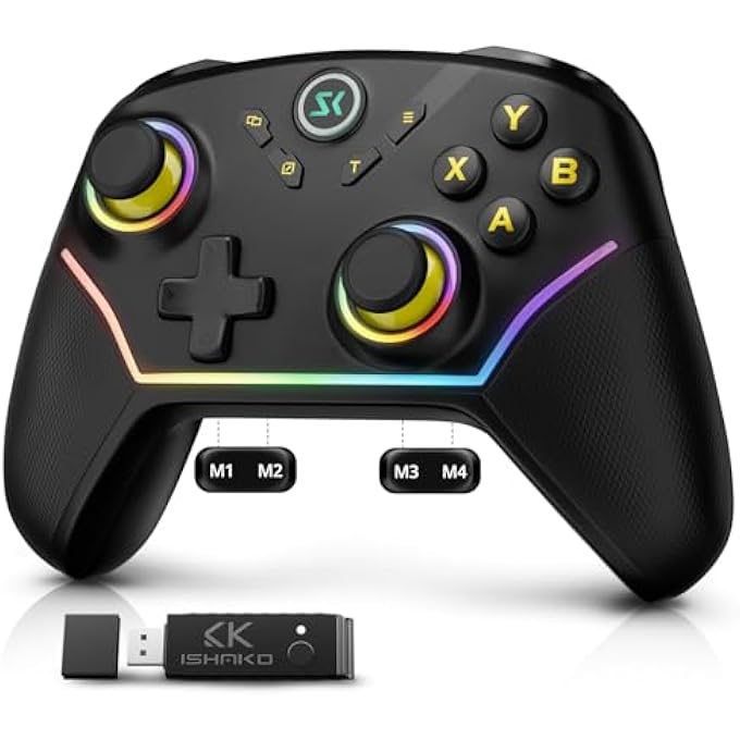 ISHAKO WIRELESS PC CONTROLLER, HALL EFFECT GAMING CONTROLLER FOR PC/LAPTOP/SWITCH/IPHONE/ANDROID,WITH RGB LIGHTING, TURBO, BACK BUTTONS, HALL JOYSTICK/TRIGGER, TRIGGER LOCK, 2.4G RECEIVER -BLACK GOLD - Image 1