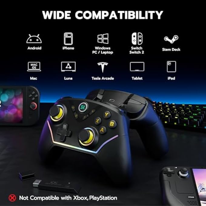 ISHAKO WIRELESS PC CONTROLLER, HALL EFFECT GAMING CONTROLLER FOR PC/LAPTOP/SWITCH/IPHONE/ANDROID,WITH RGB LIGHTING, TURBO, BACK BUTTONS, HALL JOYSTICK/TRIGGER, TRIGGER LOCK, 2.4G RECEIVER -BLACK GOLD - Image 2