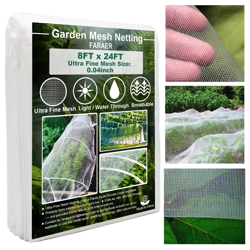 Ultra Fine Garden Mesh Netting FARAER Plant Covers 8x24 Garden Netting for Protect Vegetable Plants Fruits Flowers Crops Greenhouse Row Cover Protection Mesh Net Patio Gazebo Screen Barrier Net