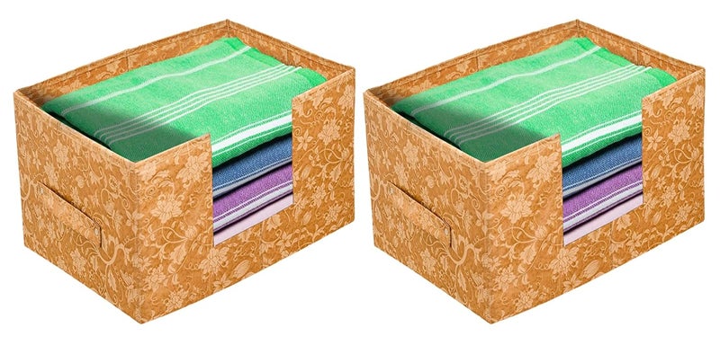 Kuber Industries Metallic Flower Printed Multiuses NonWoven Closet Organizer Storage Bin Shelf Storage Oragnizer With Handle Pack of 2 BrownHS43KUBMART26399 - Image 1