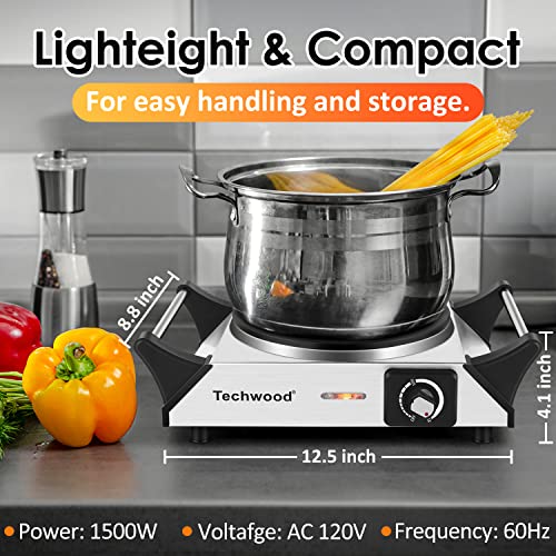Techwood Hot Plate for Cooking, 1500W Electric Stove Countertop Single Burner with Adjustable Temperature & Stay Cool Handles, 7.5” Cooktop for Home/RV/Camp, Compatible for All Cookwares, Silver - Image 5