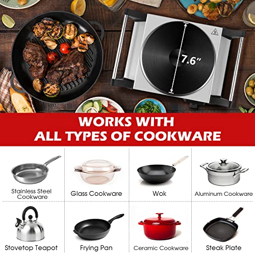 Techwood Hot Plate for Cooking, 1500W Electric Stove Countertop Single Burner with Adjustable Temperature & Stay Cool Handles, 7.5” Cooktop for Home/RV/Camp, Compatible for All Cookwares, Silver - Image 3