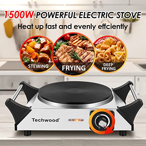 Techwood Hot Plate for Cooking, 1500W Electric Stove Countertop Single Burner with Adjustable Temperature & Stay Cool Handles, 7.5” Cooktop for Home/RV/Camp, Compatible for All Cookwares, Silver - Image 4