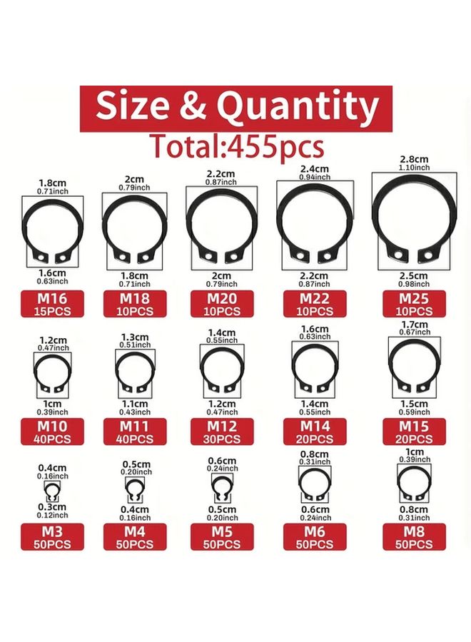 455pcs Alloy Steel External Snap Ring Set Assortment 15 Sizes Retaining Circlip Kit - Image 4