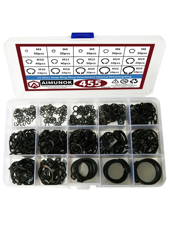 455pcs Alloy Steel External Snap Ring Set Assortment 15 Sizes Retaining Circlip Kit - Image 1