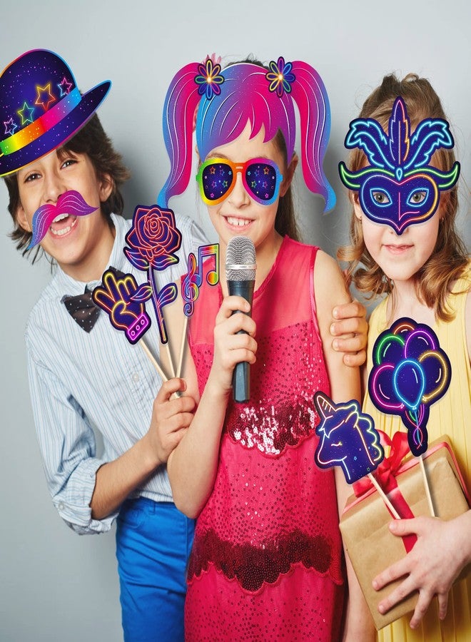 Lide Road 36 Pcs Glow Neon Photo Booth Props for Let's Glow Birthday Party Decorations, Glow Neon Theme Selfie Props Neon Glow in The Dark Photography Backdrop Decorations for Disco Black Light Party Supplies - Image 4
