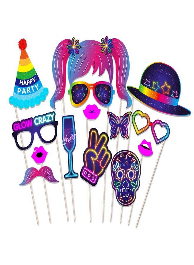 Lide Road 36 Pcs Glow Neon Photo Booth Props for Let's Glow Birthday Party Decorations, Glow Neon Theme Selfie Props Neon Glow in The Dark Photography Backdrop Decorations for Disco Black Light Party Supplies - Image 2