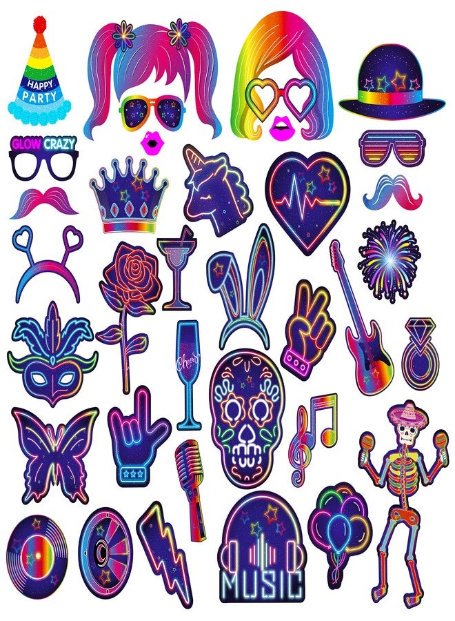 Lide Road 36 Pcs Glow Neon Photo Booth Props for Let's Glow Birthday Party Decorations, Glow Neon Theme Selfie Props Neon Glow in The Dark Photography Backdrop Decorations for Disco Black Light Party Supplies - Image 3
