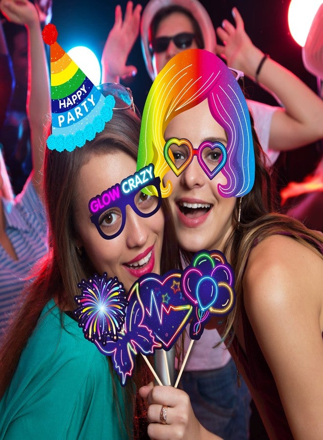 Lide Road 36 Pcs Glow Neon Photo Booth Props for Let's Glow Birthday Party Decorations, Glow Neon Theme Selfie Props Neon Glow in The Dark Photography Backdrop Decorations for Disco Black Light Party Supplies - Image 5