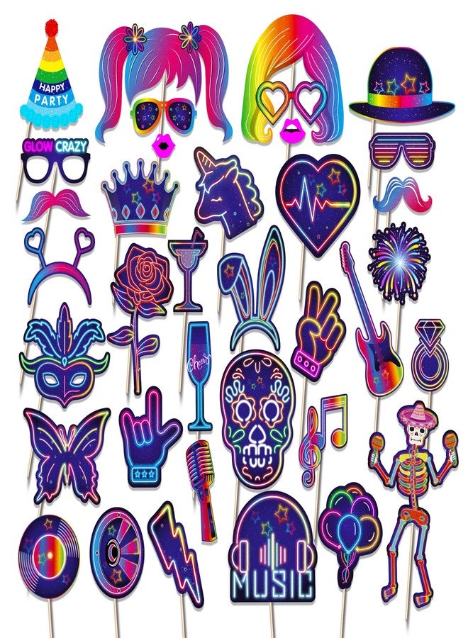 Lide Road 36 Pcs Glow Neon Photo Booth Props for Let's Glow Birthday Party Decorations, Glow Neon Theme Selfie Props Neon Glow in The Dark Photography Backdrop Decorations for Disco Black Light Party Supplies - Image 1