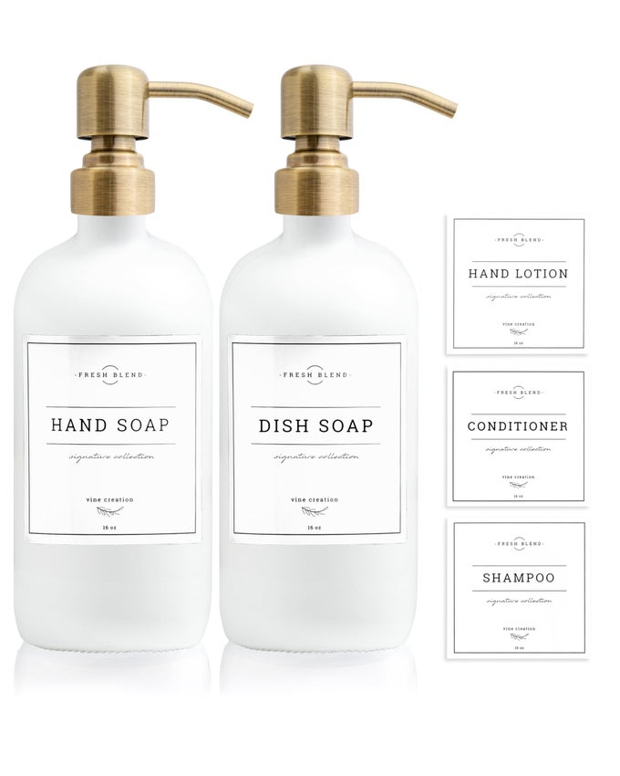 WHITE GLASS SOAP DISPENSER 2 PACK KITCHEN SOAP DISPENSER SET WITH STAINLESS STEEL PUMP 16 OZ DISH SOAP AND HAND SOAP DISPENSERS FOR BATHROOM WITH WATERPROOF LABELS