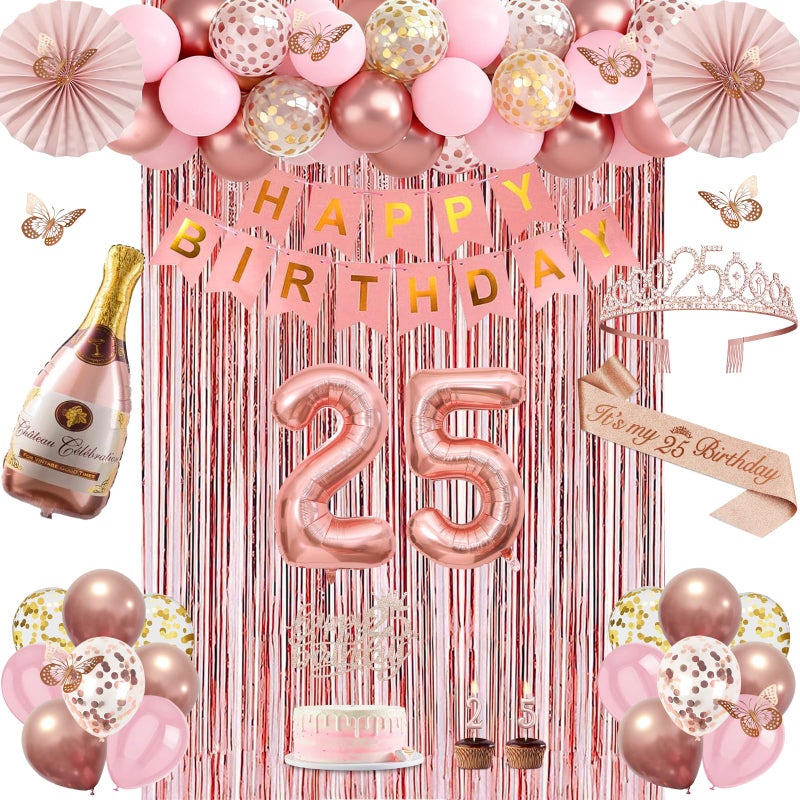Juesly 25th Birthday Decorations for Women, Rose Gold 25th Birthday Decorations for Her, 25 Sash and Crown, Banner, Fringe Curtains, Hanging Paper Fans, 25 Year Old Party Supplies Set - Image 1