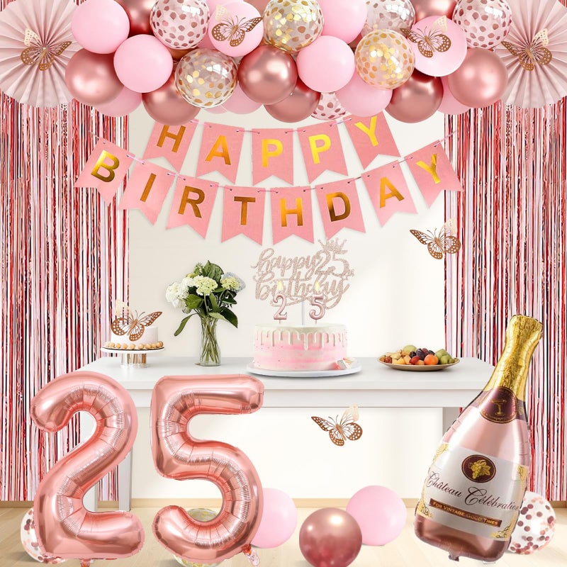 Juesly 25th Birthday Decorations for Women, Rose Gold 25th Birthday Decorations for Her, 25 Sash and Crown, Banner, Fringe Curtains, Hanging Paper Fans, 25 Year Old Party Supplies Set - Image 5