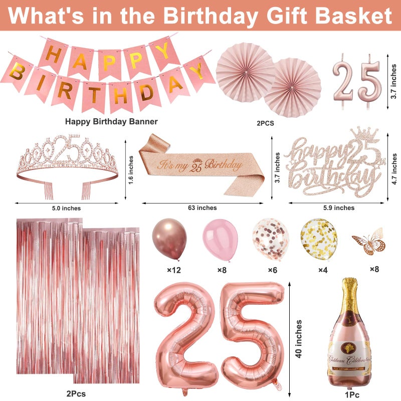 Juesly 25th Birthday Decorations for Women, Rose Gold 25th Birthday Decorations for Her, 25 Sash and Crown, Banner, Fringe Curtains, Hanging Paper Fans, 25 Year Old Party Supplies Set - Image 3