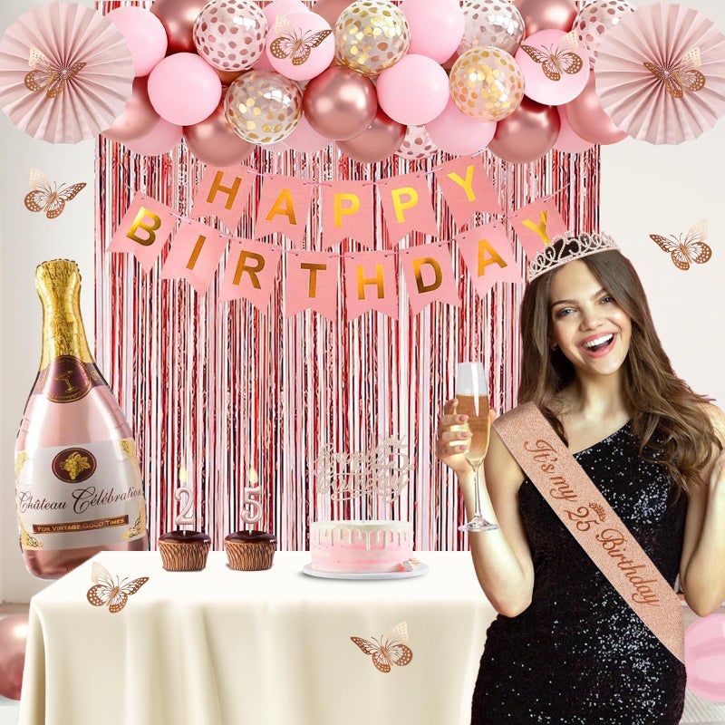 Juesly 25th Birthday Decorations for Women, Rose Gold 25th Birthday Decorations for Her, 25 Sash and Crown, Banner, Fringe Curtains, Hanging Paper Fans, 25 Year Old Party Supplies Set - Image 2