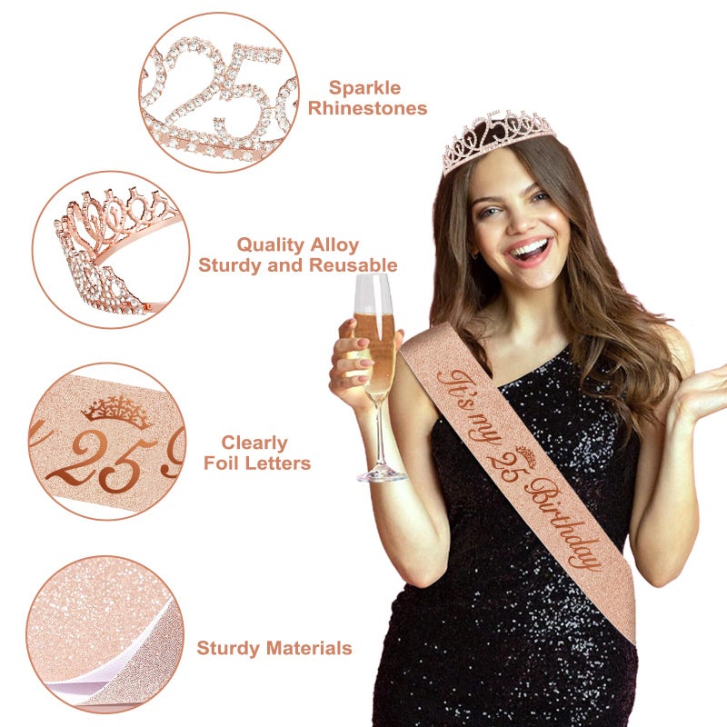 Juesly 25th Birthday Decorations for Women, Rose Gold 25th Birthday Decorations for Her, 25 Sash and Crown, Banner, Fringe Curtains, Hanging Paper Fans, 25 Year Old Party Supplies Set - Image 4